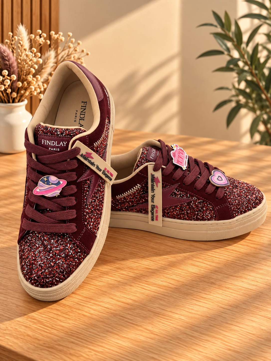Basket bordeaux paillettes et pins décoratifs « MOON »
