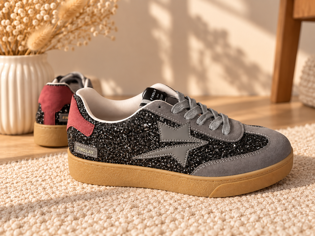 Baskets à paillettes grises avec détails bordeaux «SHINY»