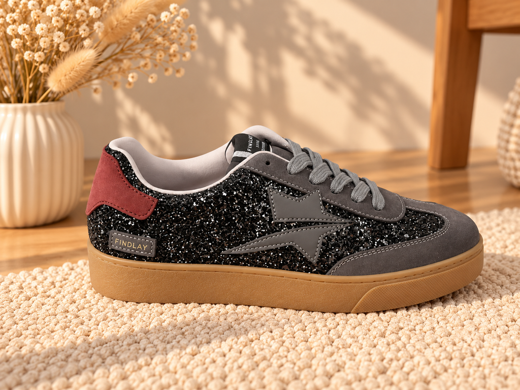Baskets à paillettes grises avec détails bordeaux «SHINY»