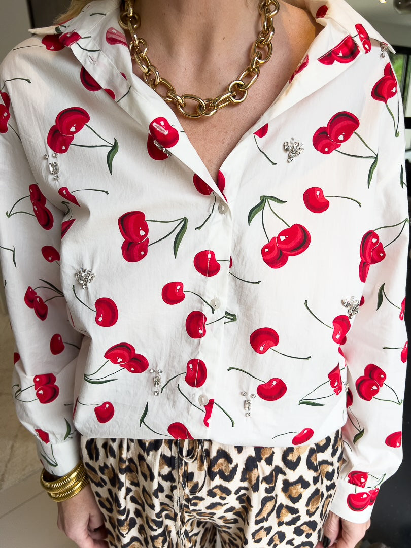 Chemise manches longues à motif cerise et strass « CERISE » – photo 2