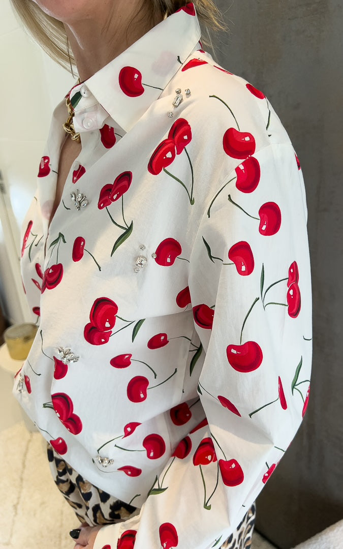Chemise manches longues à motif cerise et strass « CERISE » – photo 3