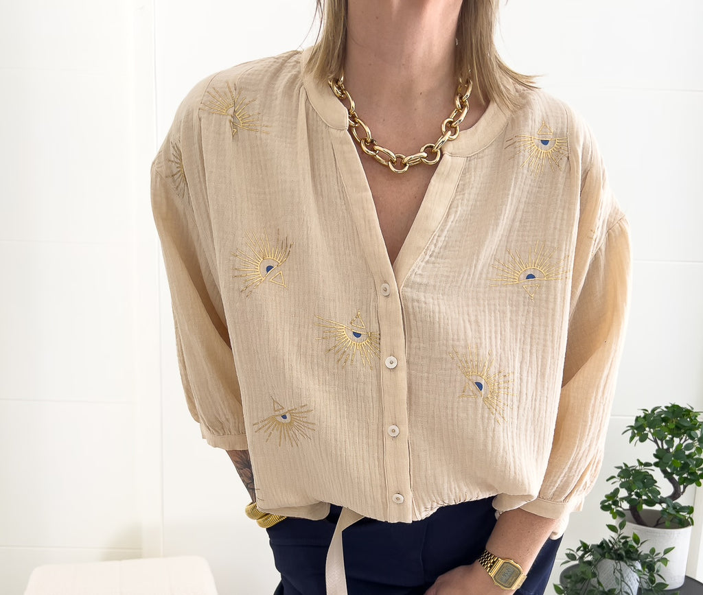 Chemise en coton avec motif oeil doré et bleu « OEIL » – photo 2