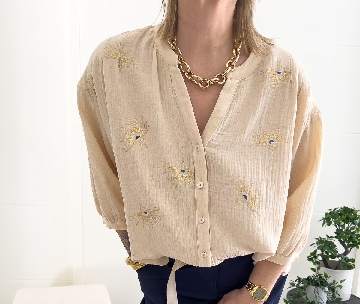 Chemise en coton avec motif oeil doré et bleu « OEIL » – photo 2