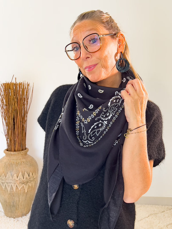 Écharpe en polyester noir avec des motifs Bandana blancs et dorés « ALINE »