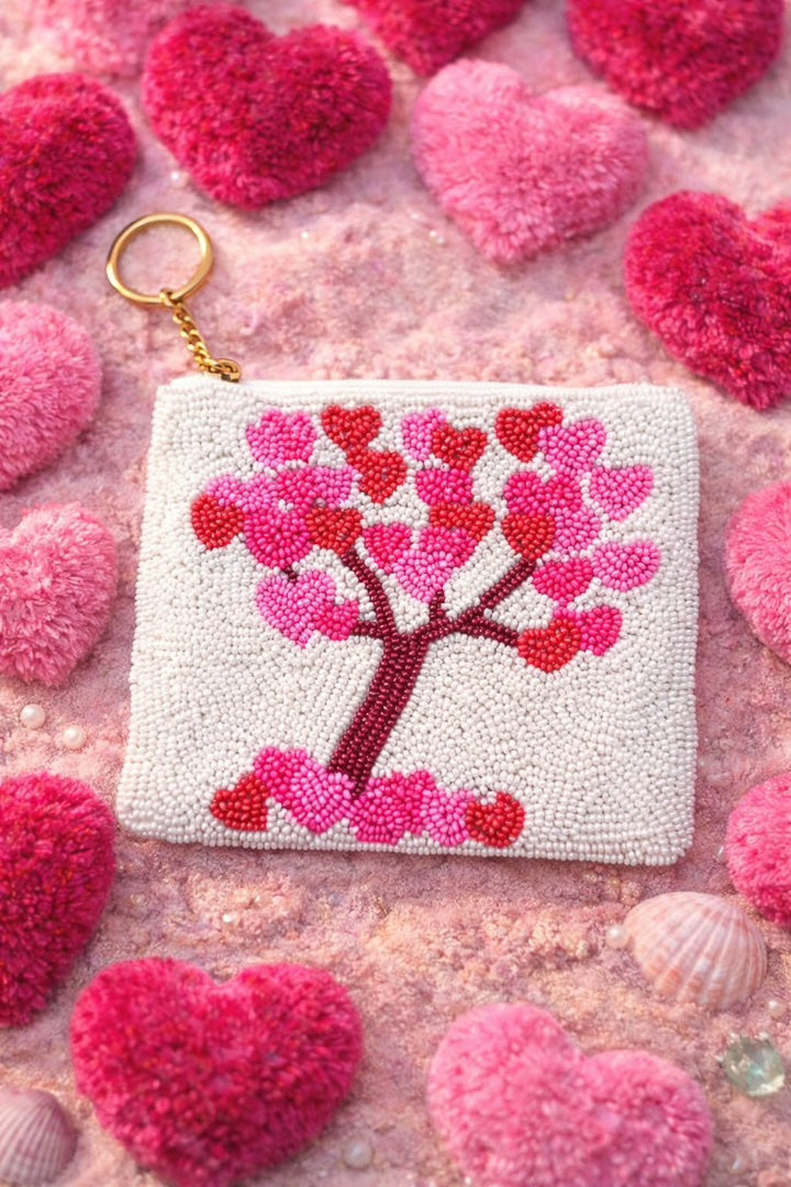 Pochette porte-monnaie avec un jolie motif arbre de vie rose