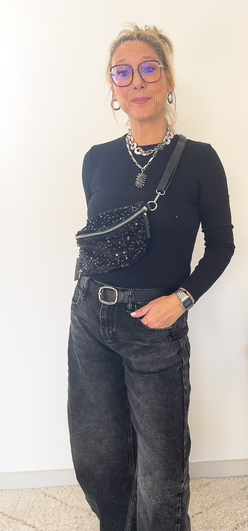 sac banane à sequins noir et sa bandoulière réglable