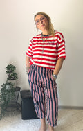 Pantalon magic femme à rayure bleu, blanc et rouge
