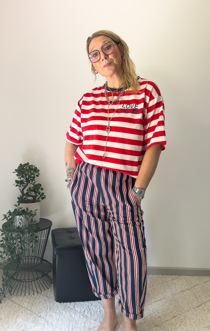 Pantalon magic femme à rayure bleu, blanc et rouge