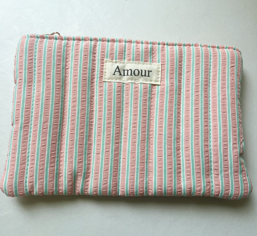 pochette à maquillage rose pâle à rayure vert clair