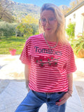 Tee-shirt femme rose à rayure rouge avec son motif tomate